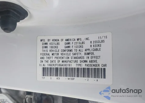 2016 Honda Accord Sport from USA, damaged, VIN 1HGCR2F59GA083161